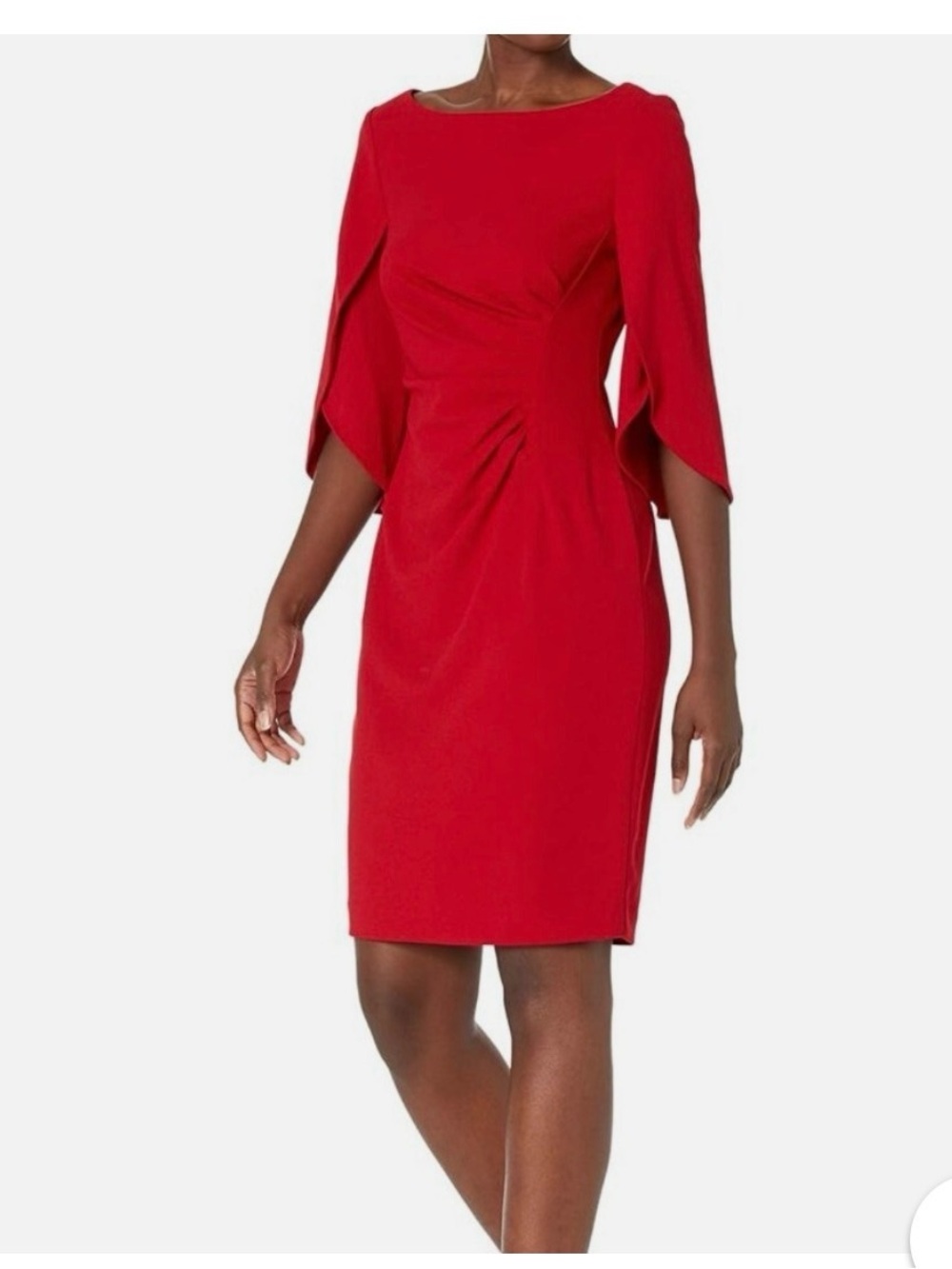 DKNY Red Ruched Sheath Dress with Three-Quarter Sleeves